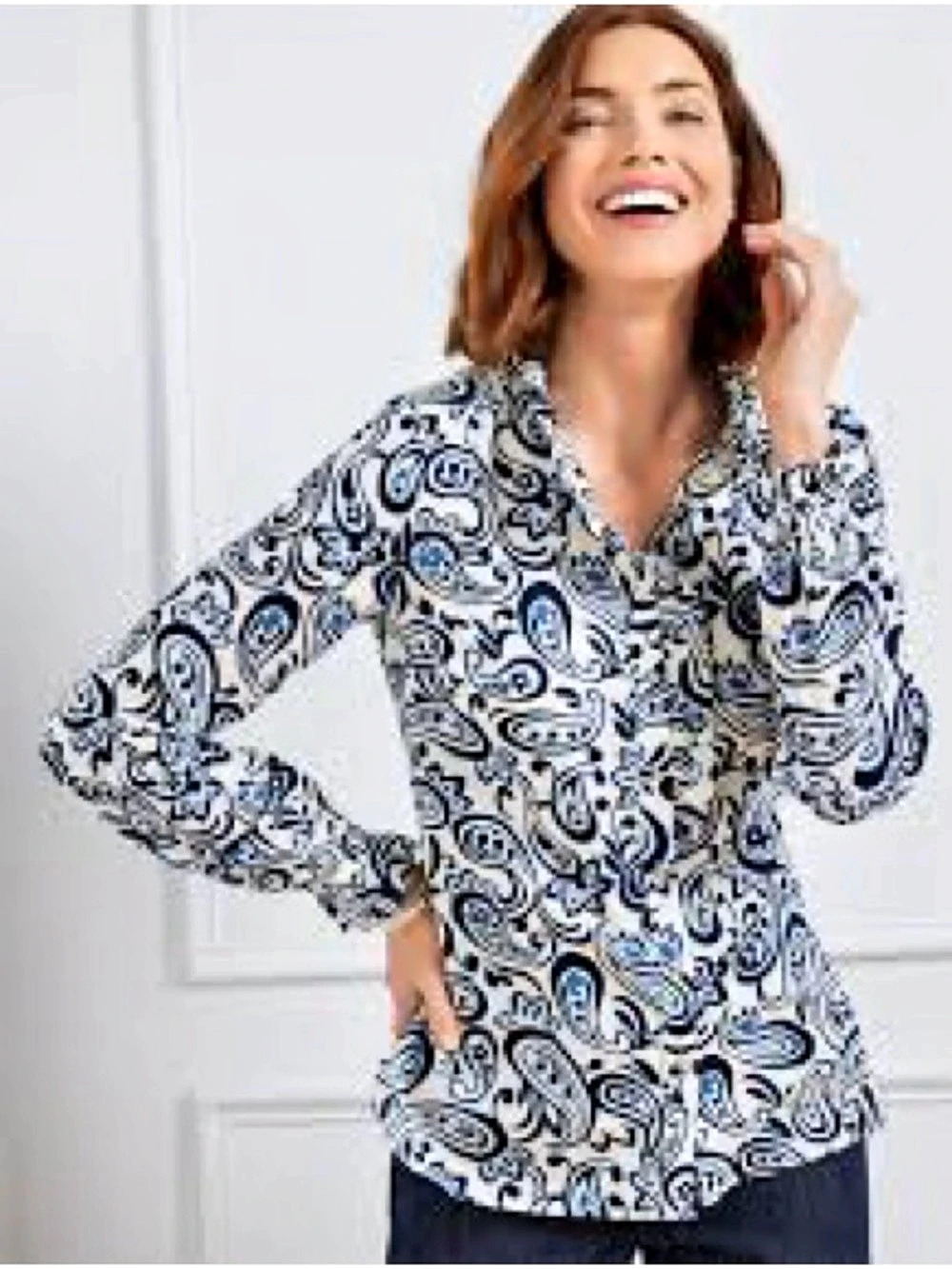 Talbots Ruffle Neck Top - Floral Paisley Blue & White XL